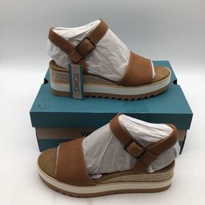 TOMS Diana Tan Leather Platform Wedge Sandals 10019757 Womens Size 9.5 NEW‎